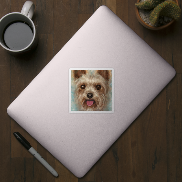 Painting of a Furry Yorkshire Terrier with Its Tongue Out on Cloudy Background by ibadishi